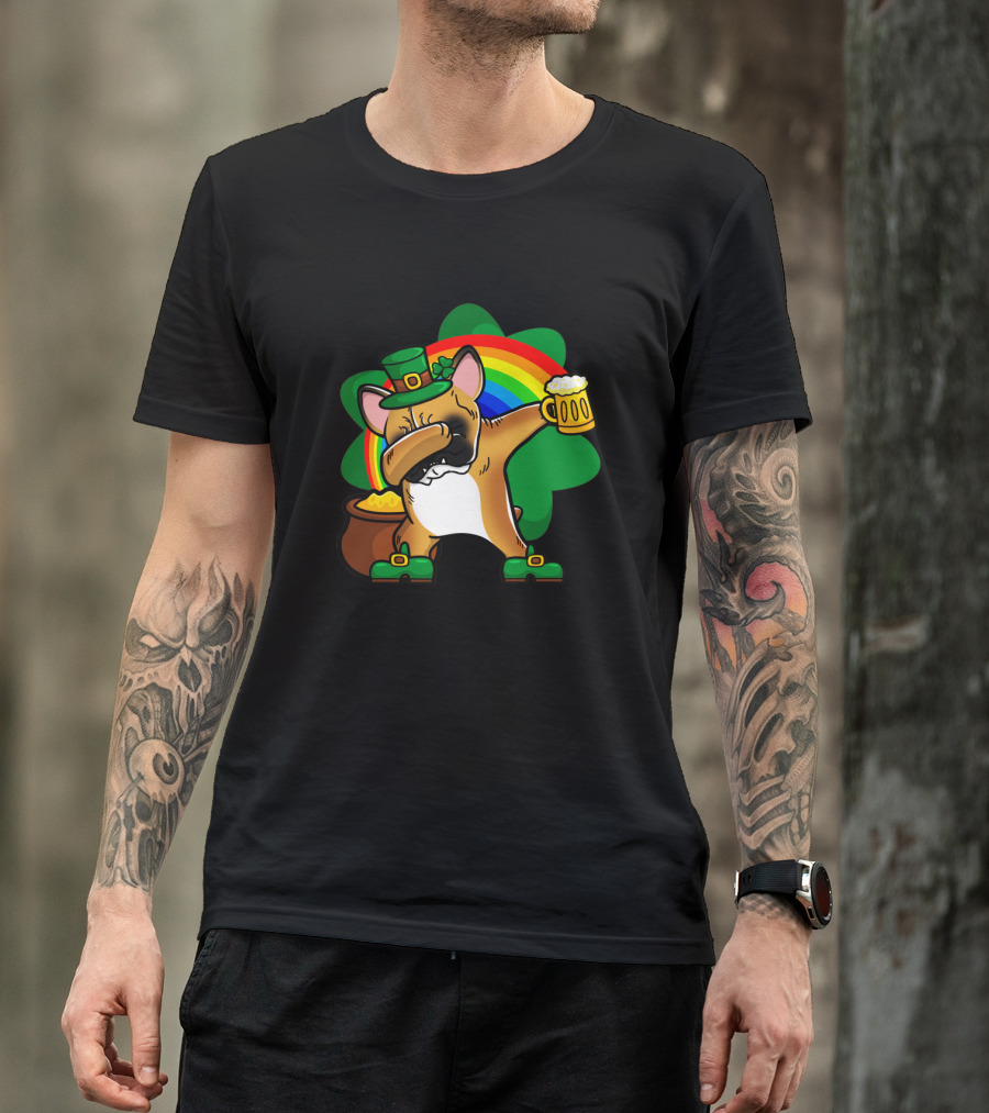 French Bulldog Dabbing Leprechaun With Beer And Rainbow St Patrick's Day T-Shirt