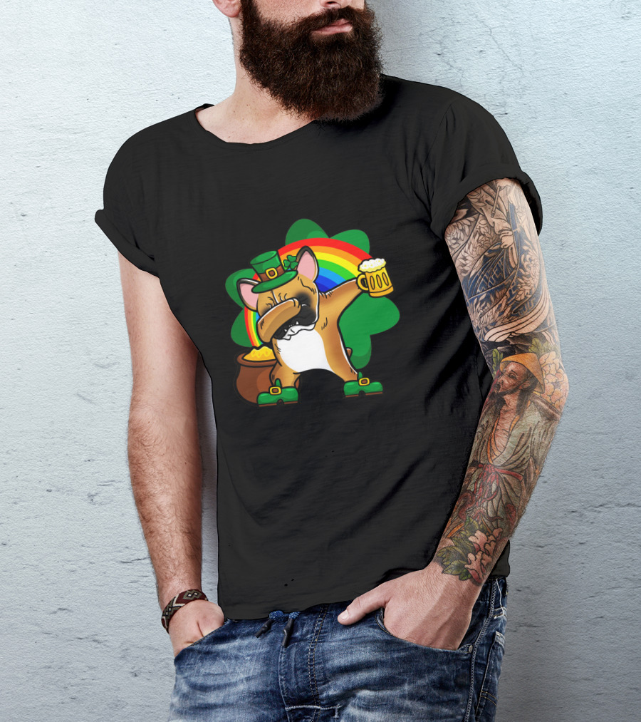 French Bulldog Dabbing Leprechaun With Beer And Rainbow St Patrick's Day T-Shirt