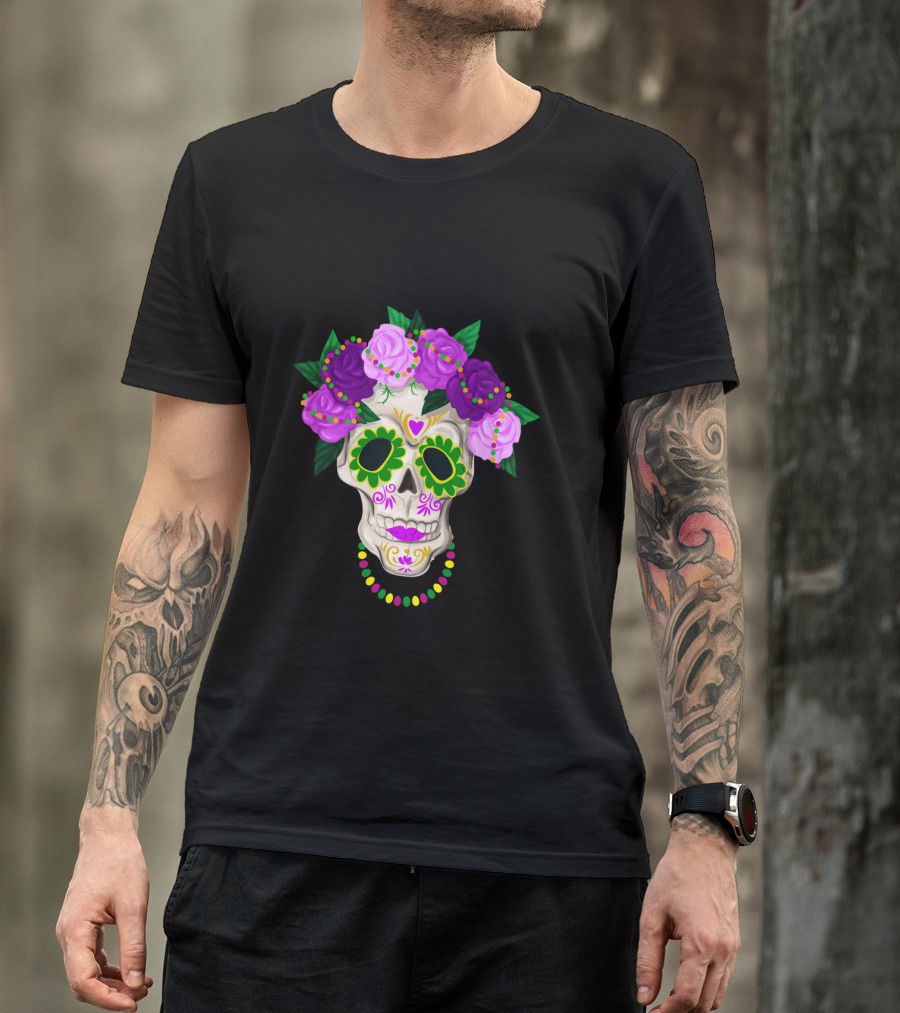 Mardi Gras Day Sugar Skull With Floral Crown And Beads T-Shirt