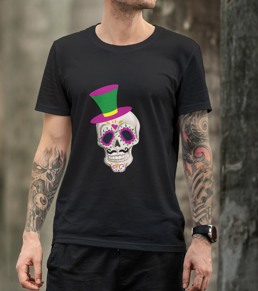 Mardi Gras Day Colorful Male Skull With Green And Pink Hat T-Shirt