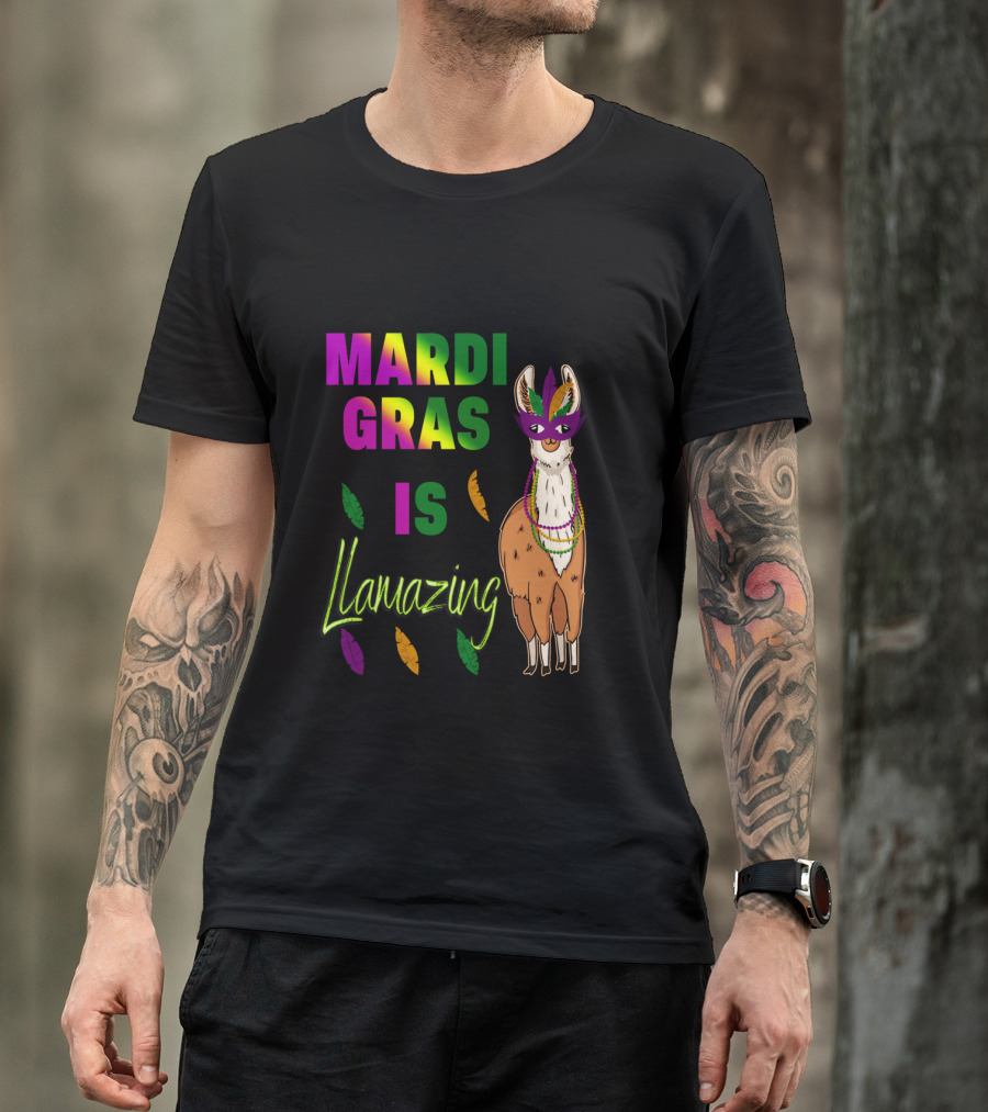 Mardi Gras Is Llamazing Colorful Llama With Mask And Feathers T-Shirt