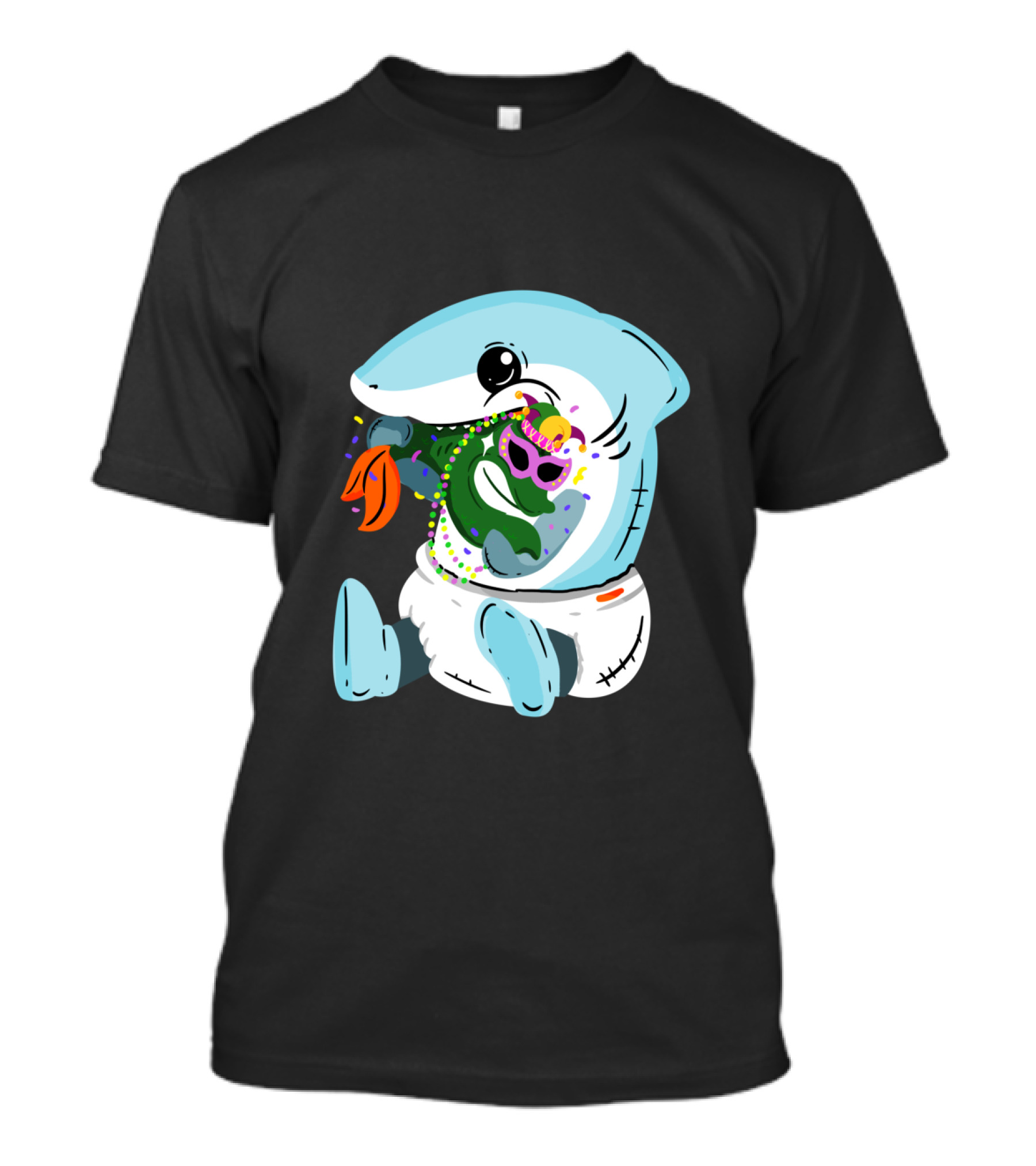 Mardi Gras Shark Baby Eating Bead-Covered Fish T-Shirt