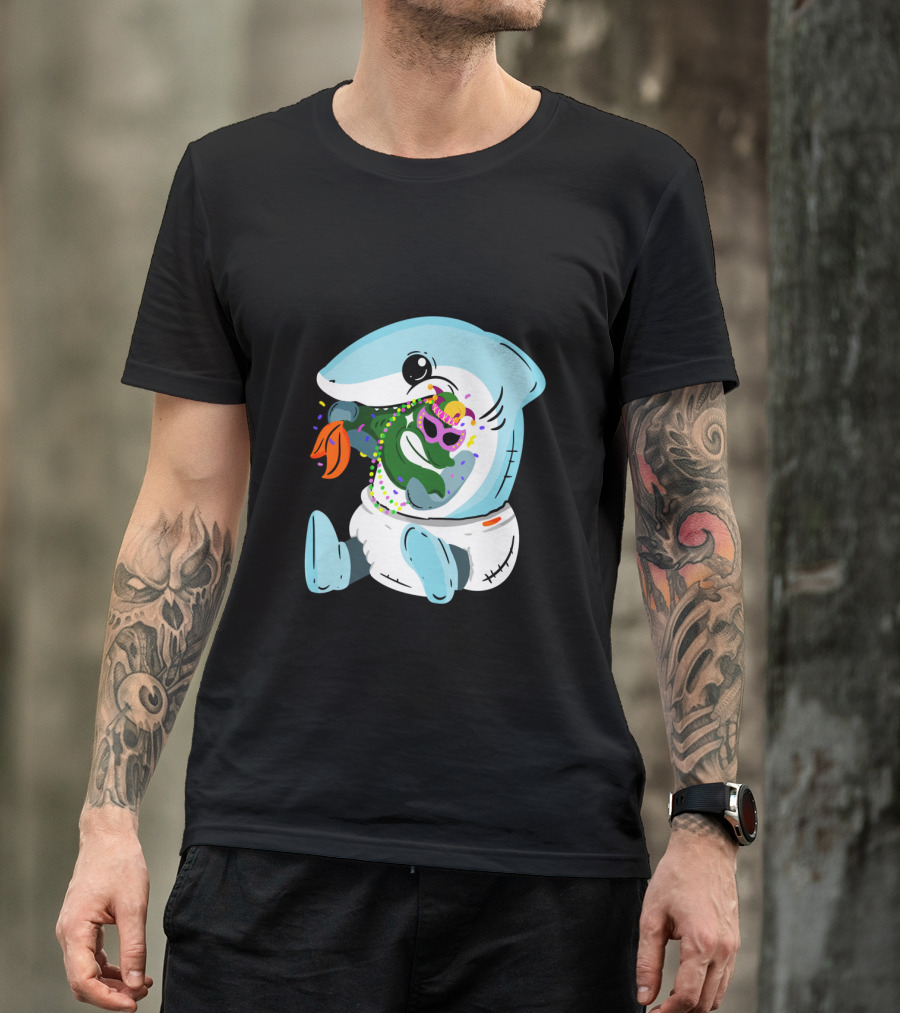 Mardi Gras Shark Baby Eating Bead-Covered Fish T-Shirt