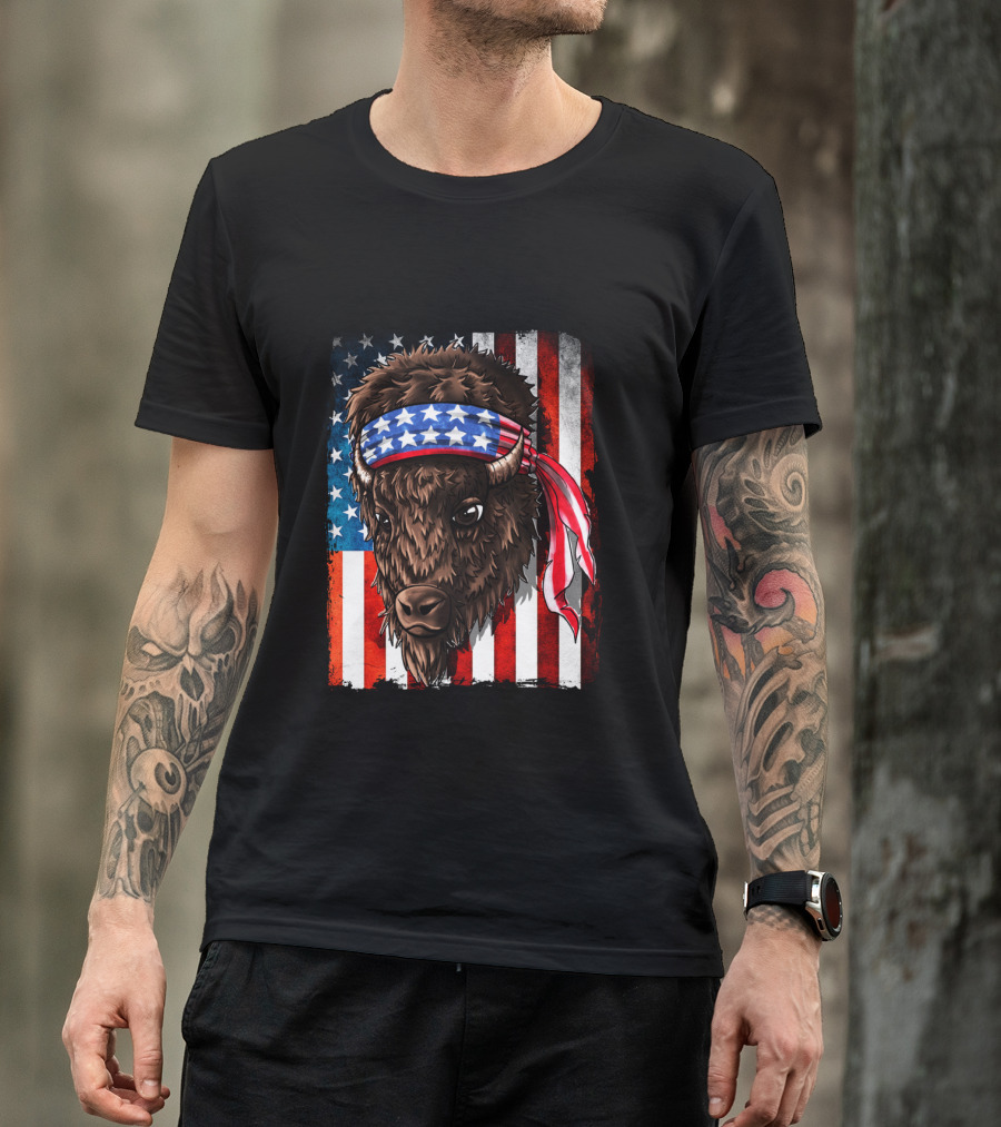 Buffalo With American Flag Headband On Patriotic Western Background T-Shirt