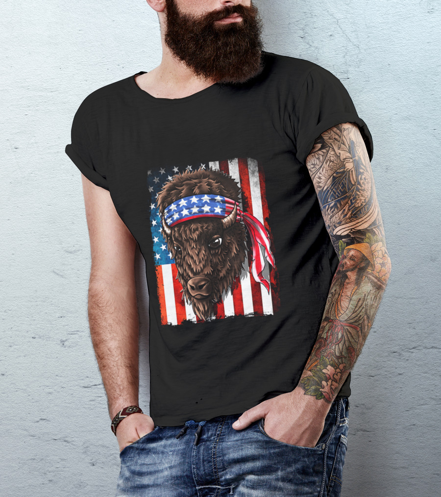 Buffalo With American Flag Headband On Patriotic Western Background T-Shirt