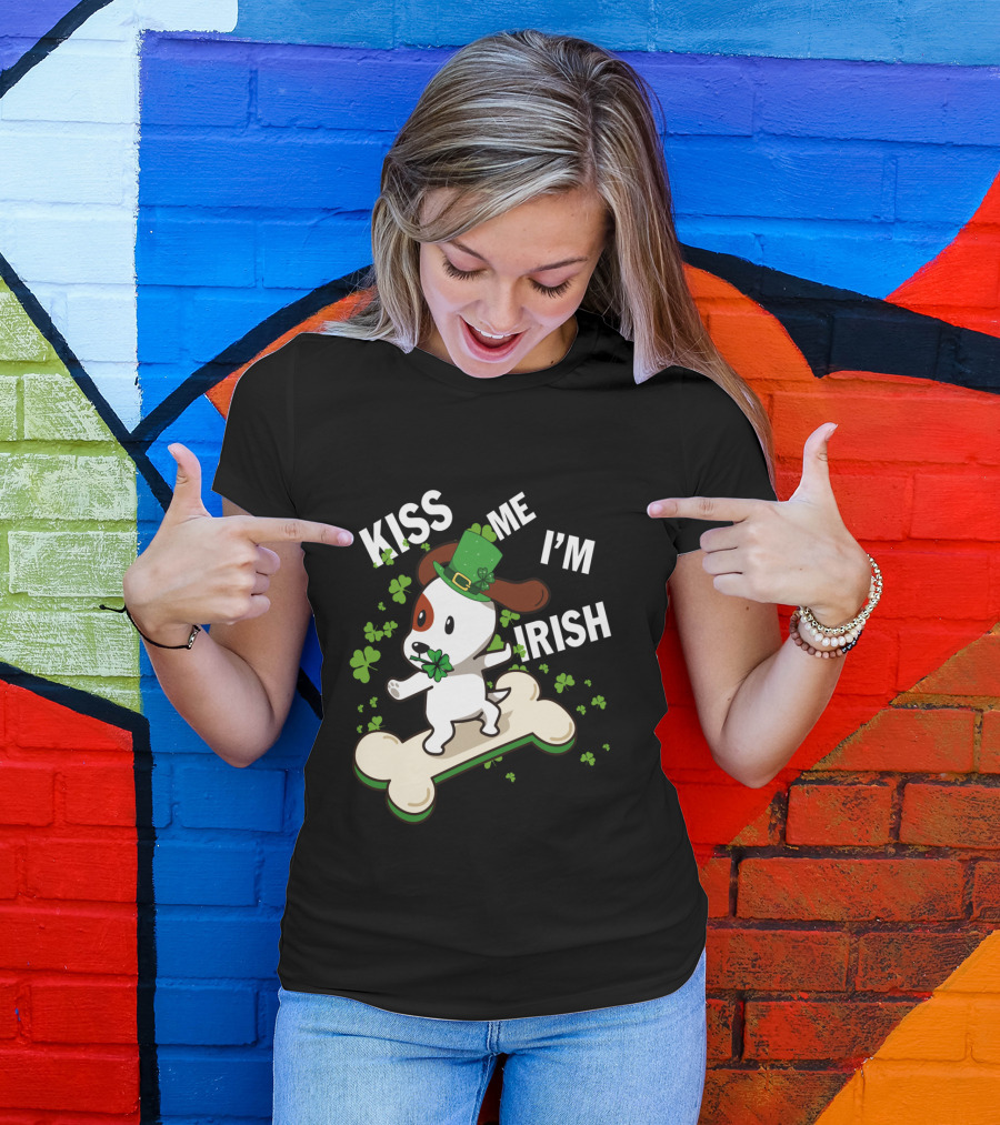 Kiss Me I'm Irish Jack Russell Dog With Lucky Shamrock And Hat On Bone T-Shirt