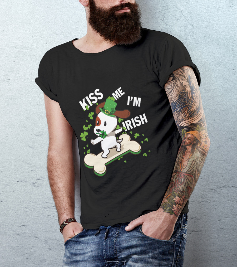 Kiss Me I'm Irish Jack Russell Dog With Lucky Shamrock And Hat On Bone T-Shirt