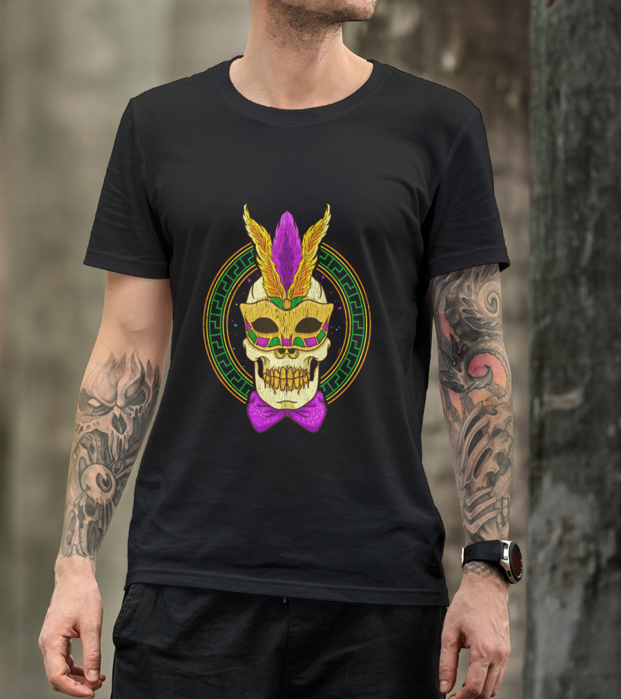 Mardi Gras Feathered Skull Mask With Colorful Bowtie T-Shirt