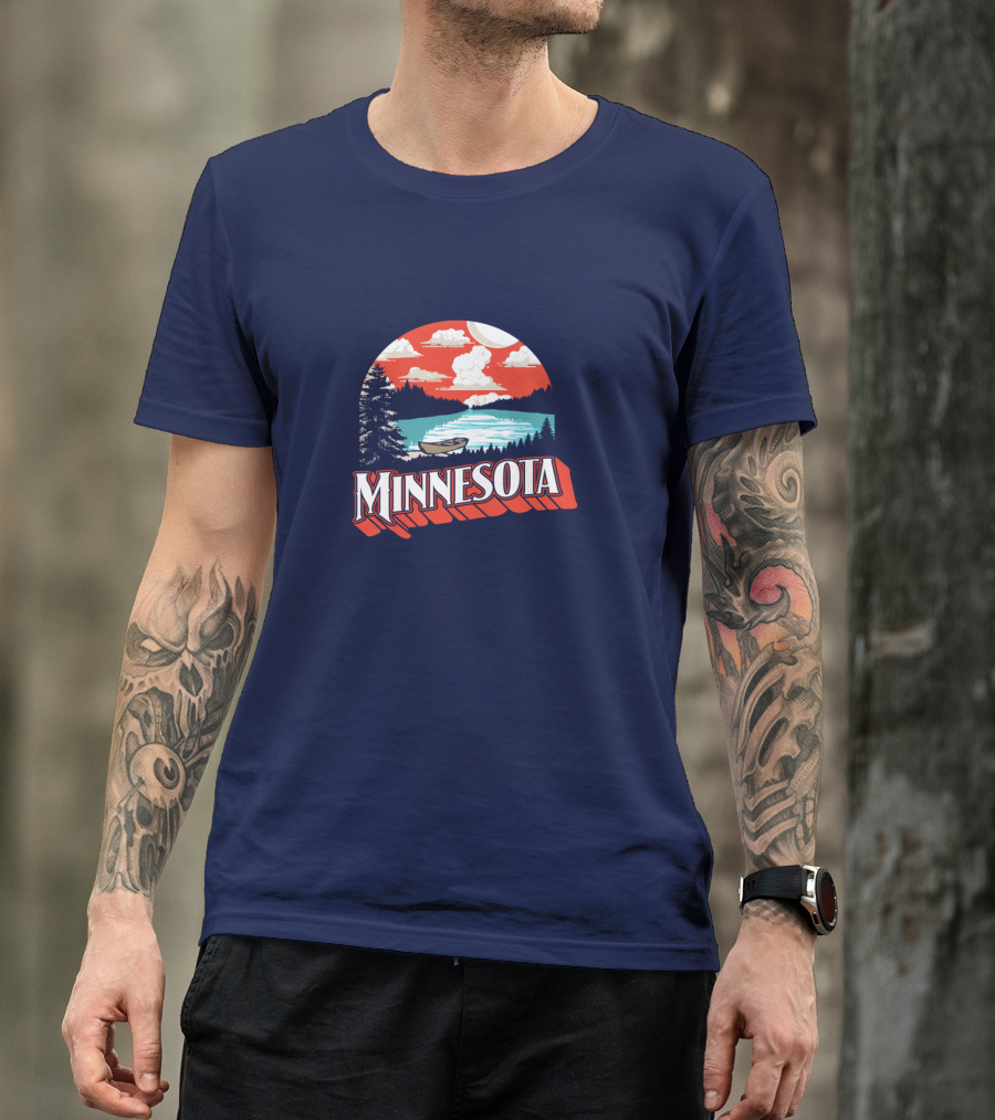 Minnesota Boat On Scenic Vintage Lake With Forest And Sunset Sky T-Shirt