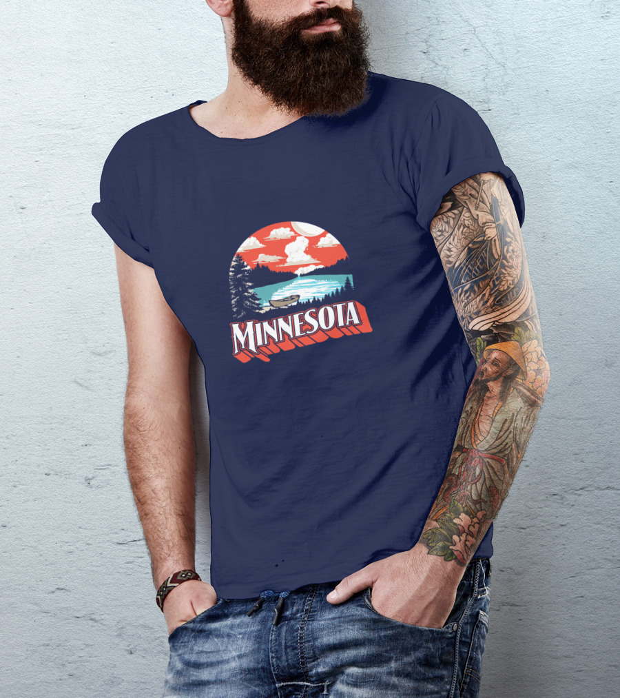 Minnesota Boat On Scenic Vintage Lake With Forest And Sunset Sky T-Shirt