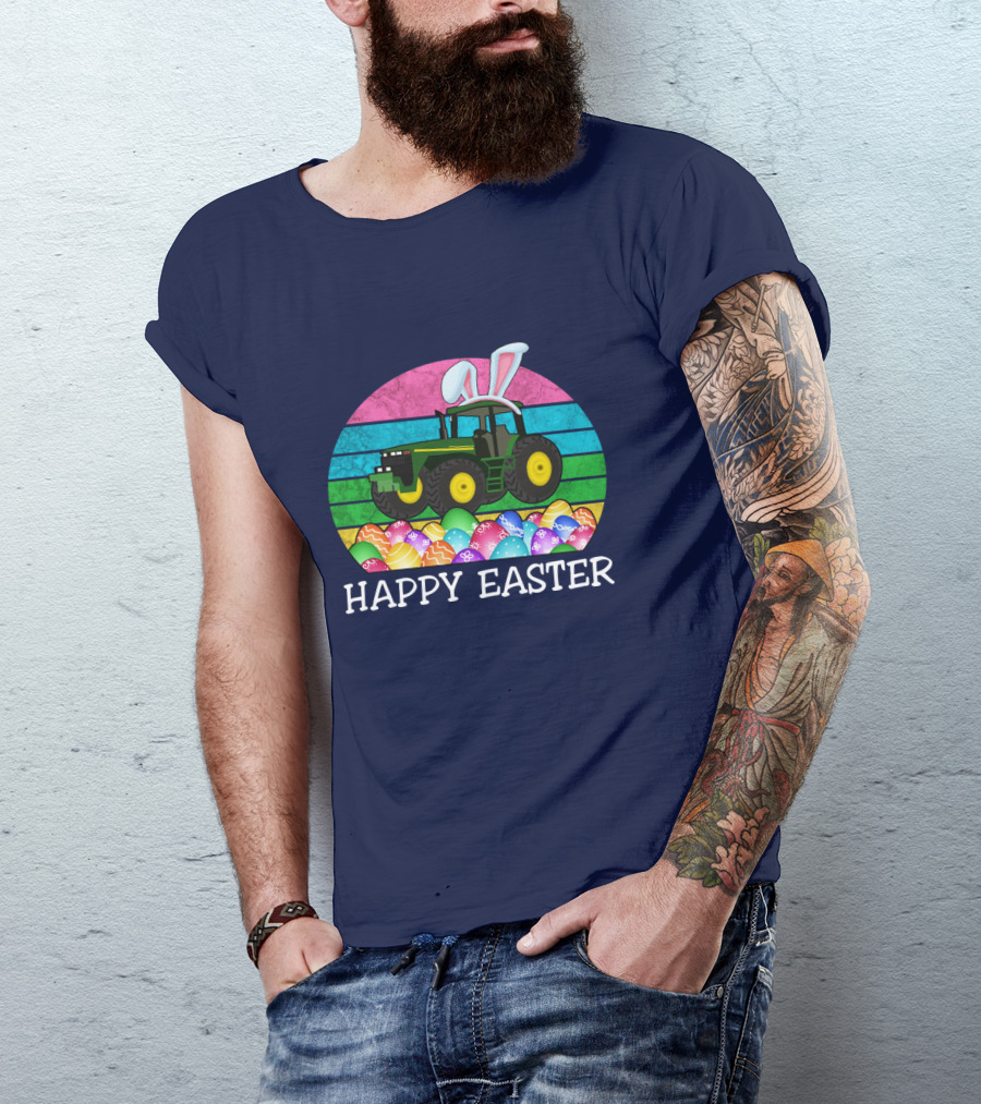 Happy Easter Vintage Bunny Ears With Tractor And Colorful Eggs T-Shirt