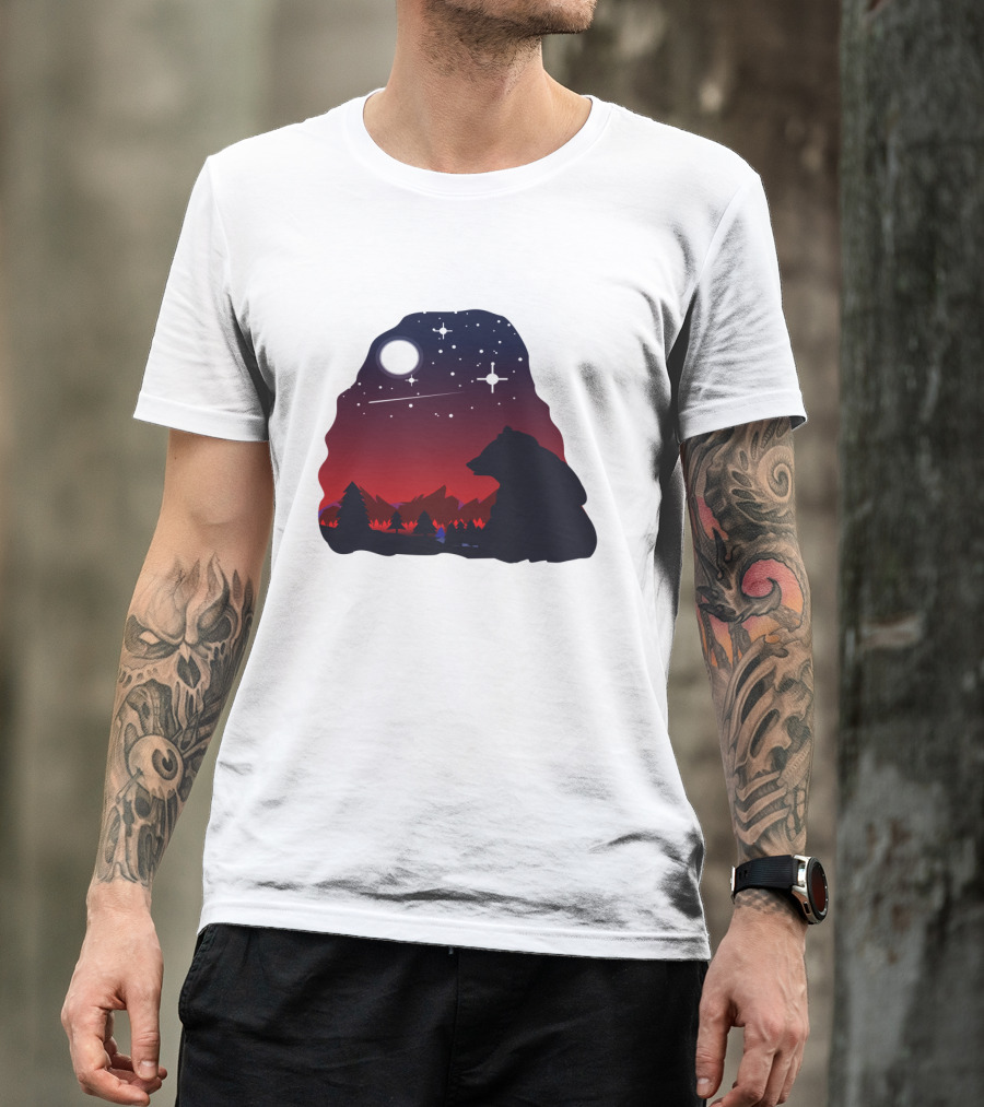 Bear Wildlife Animal Stargazing In Mountain Night Scene T-Shirt