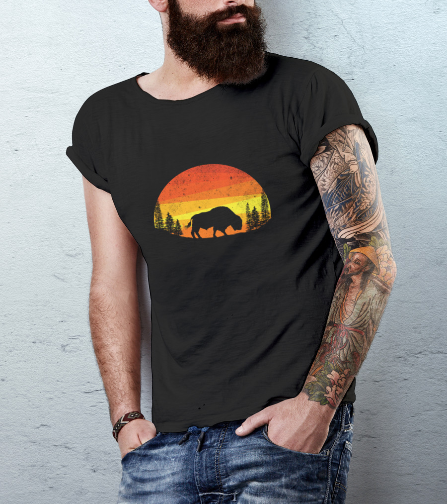 Buffalo Vintage Wildlife Animals Sunset T-Shirt