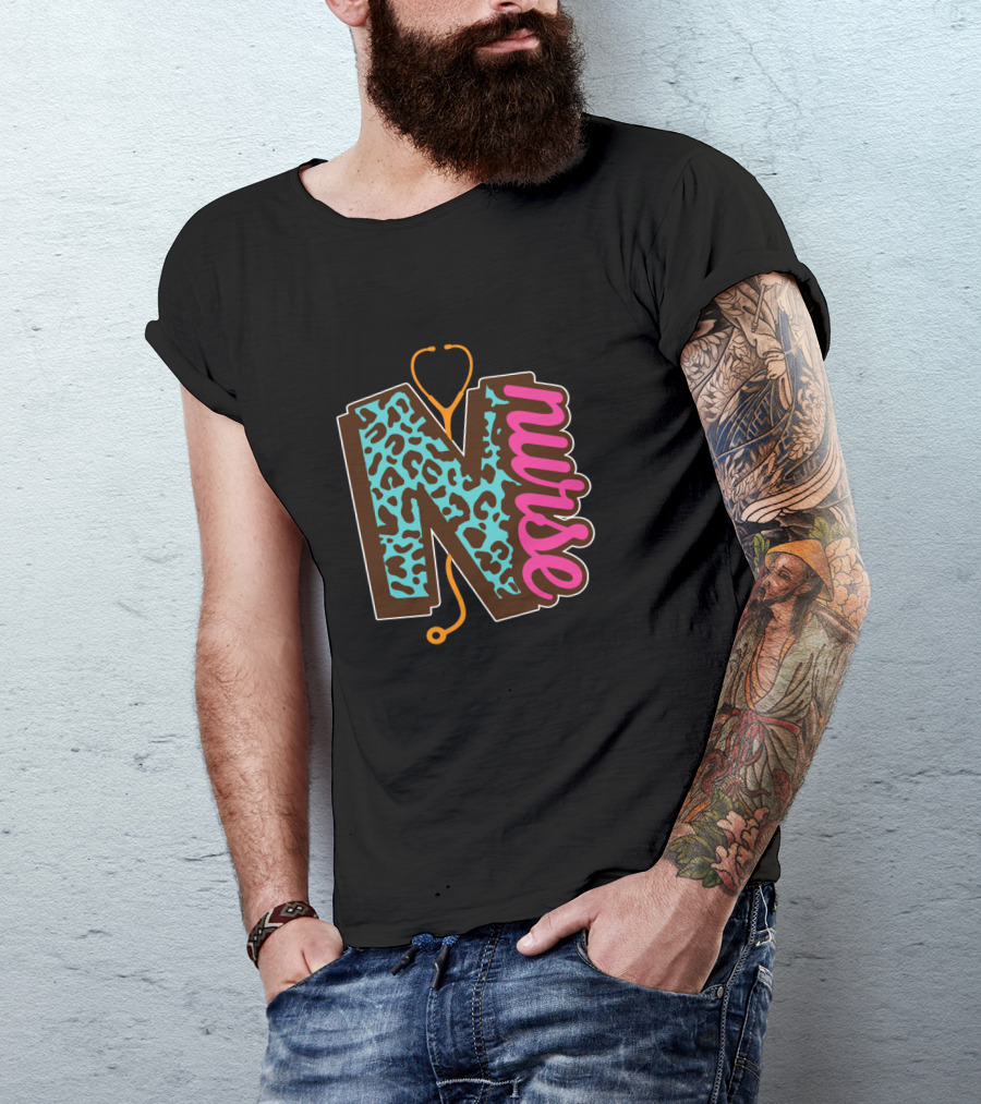 Nurse Leopard Print Stethoscope Lettering T-Shirt