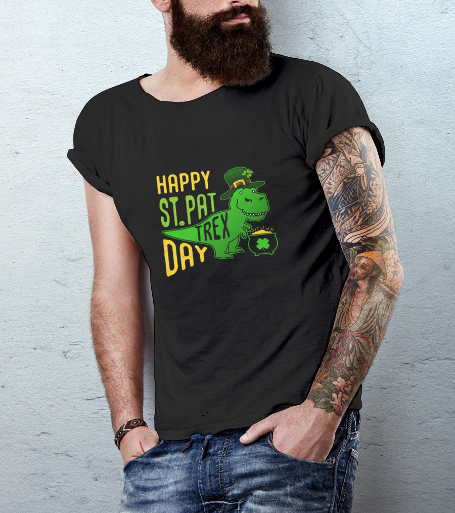 Happy St Pat Day T-Rex Dinosaur With Hat And Pot Of Gold T-Shirt