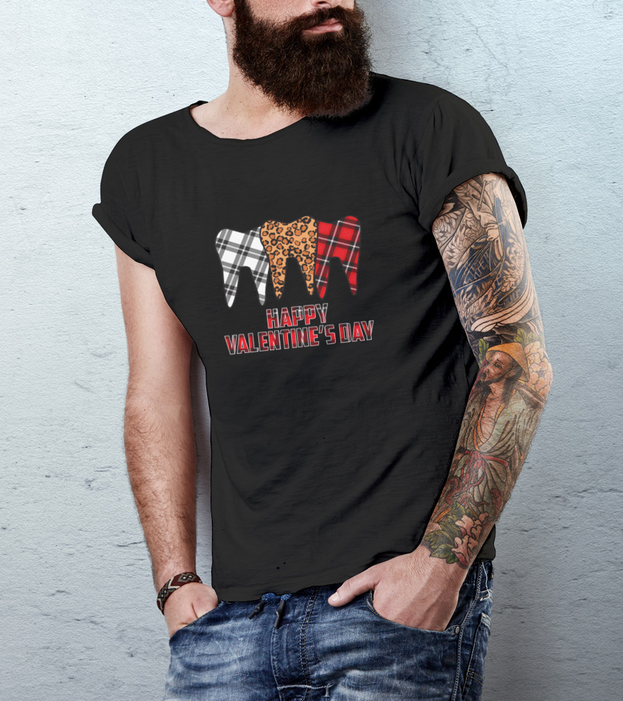 Happy Valentine's Day Plaid Leopard Dentist Teeth T-Shirt