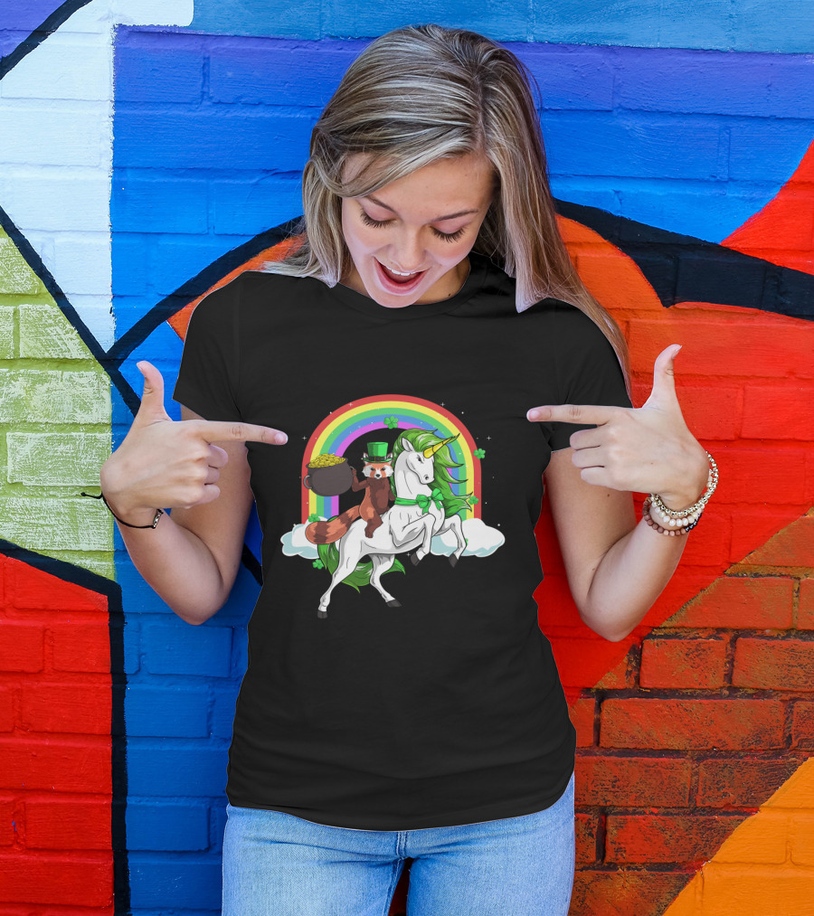 Red Panda Holding Gold On Lepricorn Unicorn With Rainbow T-Shirt