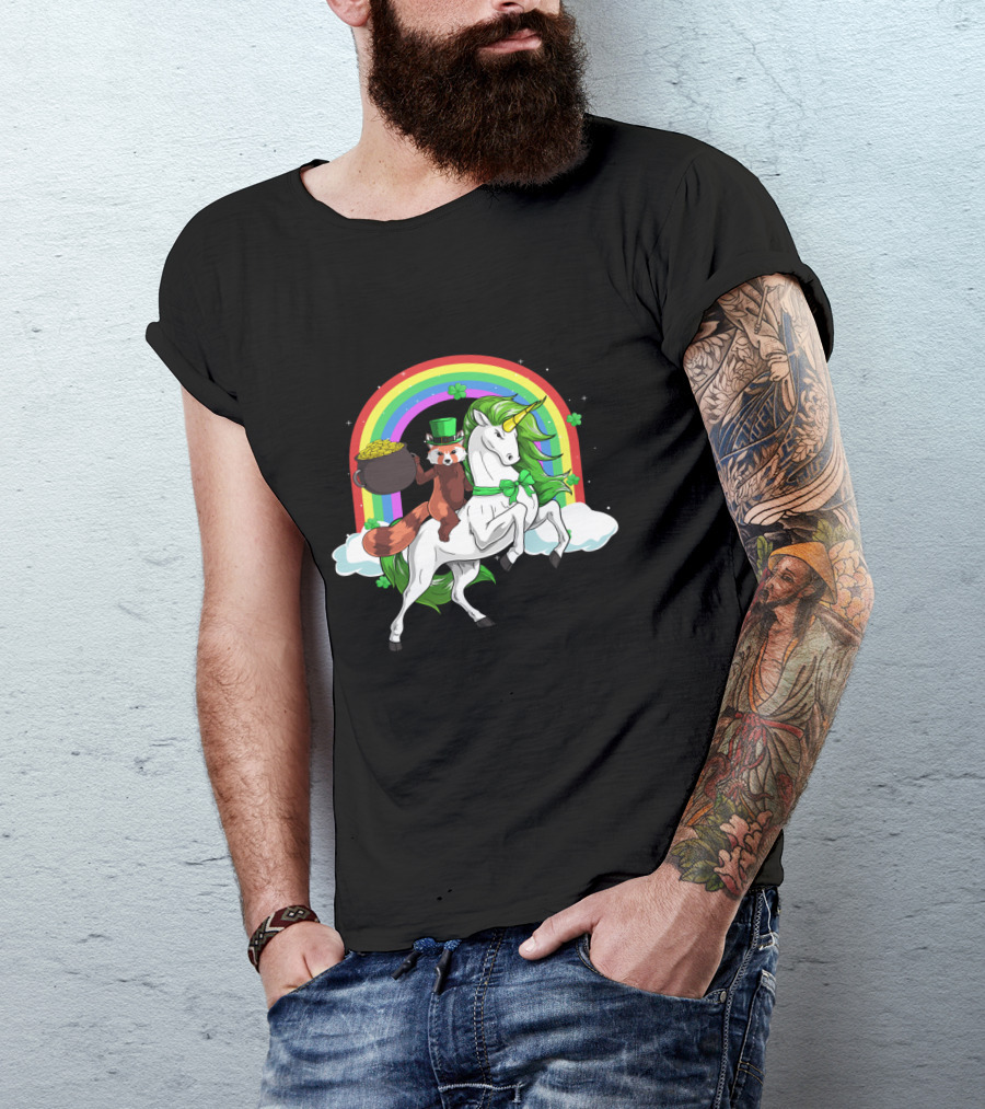Red Panda Holding Gold On Lepricorn Unicorn With Rainbow T-Shirt
