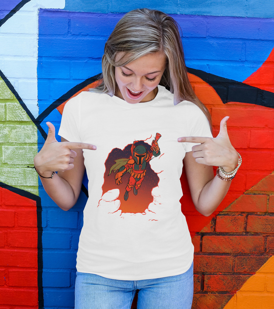 Star Wars Boba Fett Illustrated Blast Mandalorian Jetpack Fire Burst T-Shirt