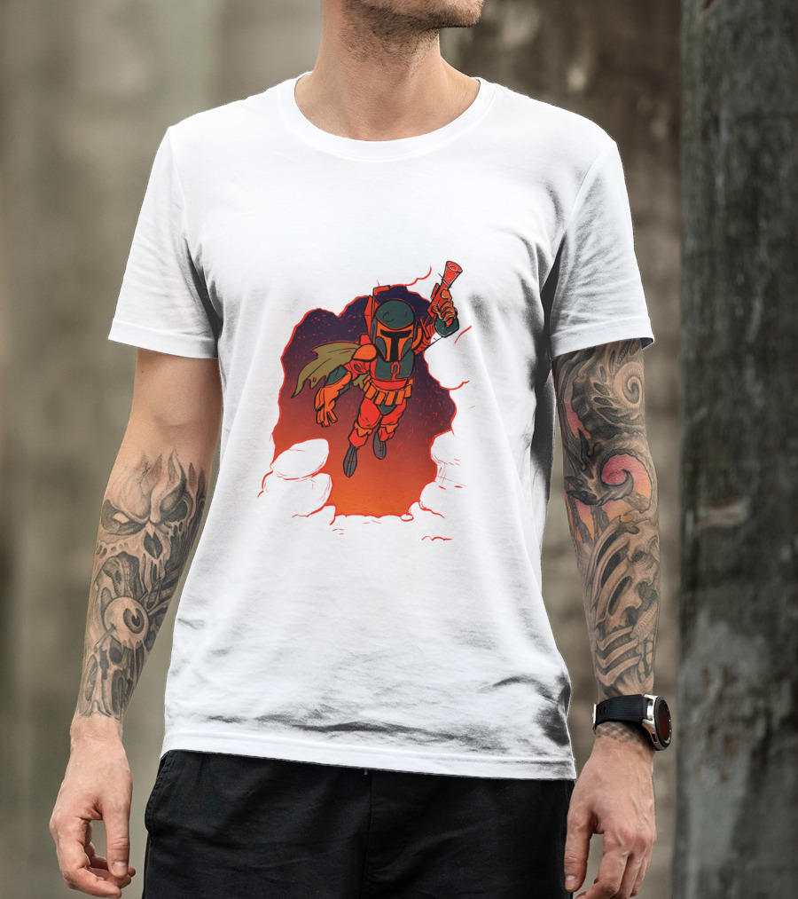 Star Wars Boba Fett Illustrated Blast Mandalorian Jetpack Fire Burst T-Shirt