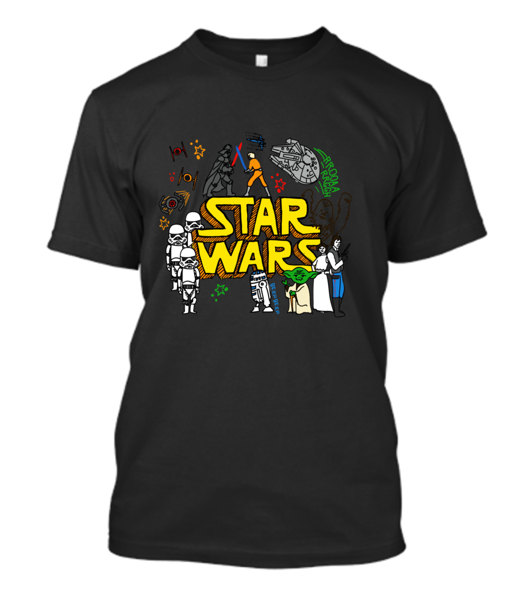 Star Wars Colorful Multi Character Doodle Millennium Falcon Darth Vader Yoda R2-D2 Stormtroopers T-Shirt