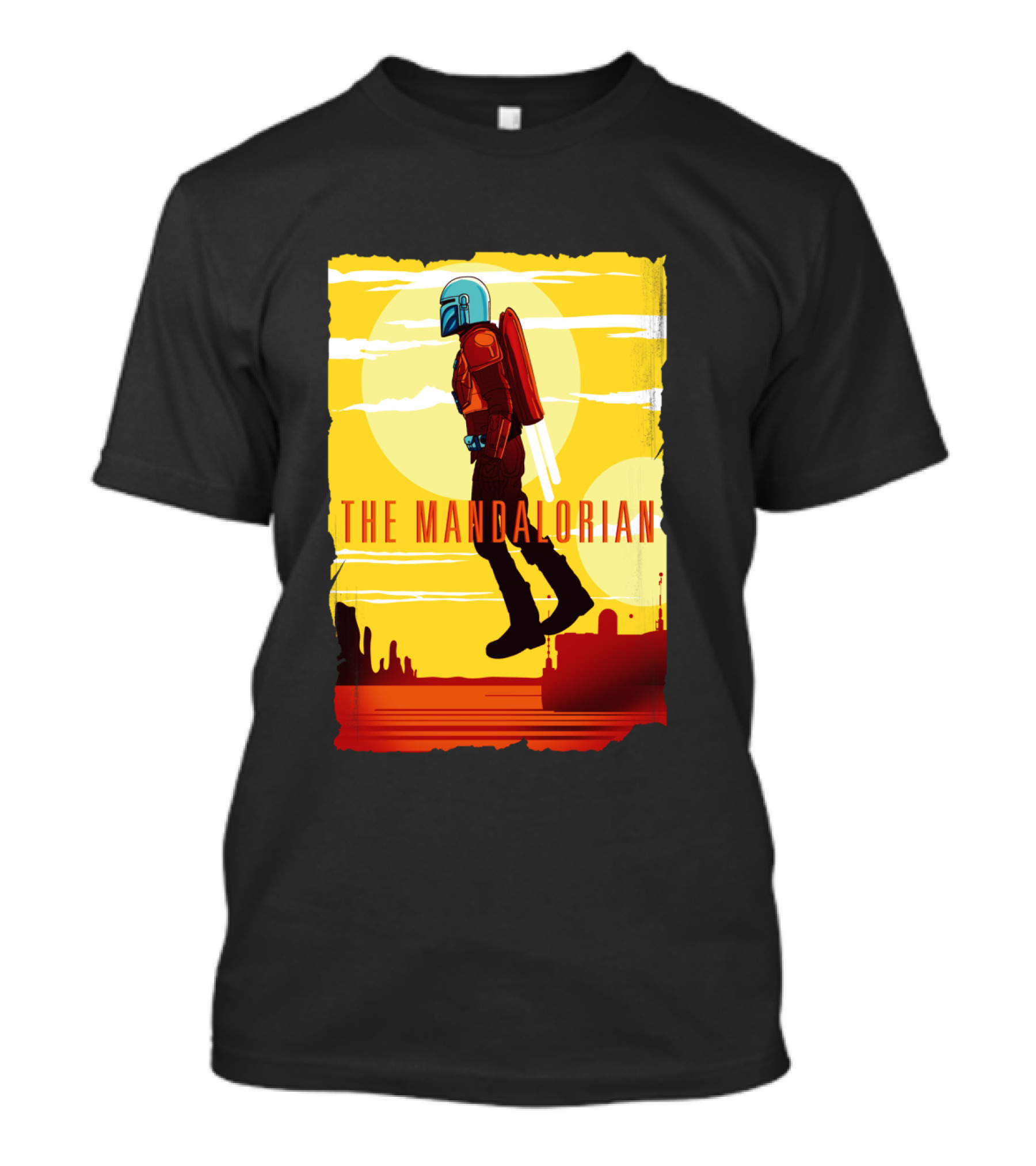 The Mandalorian Jet Pack Floating Scene With Yellow T-Shirt