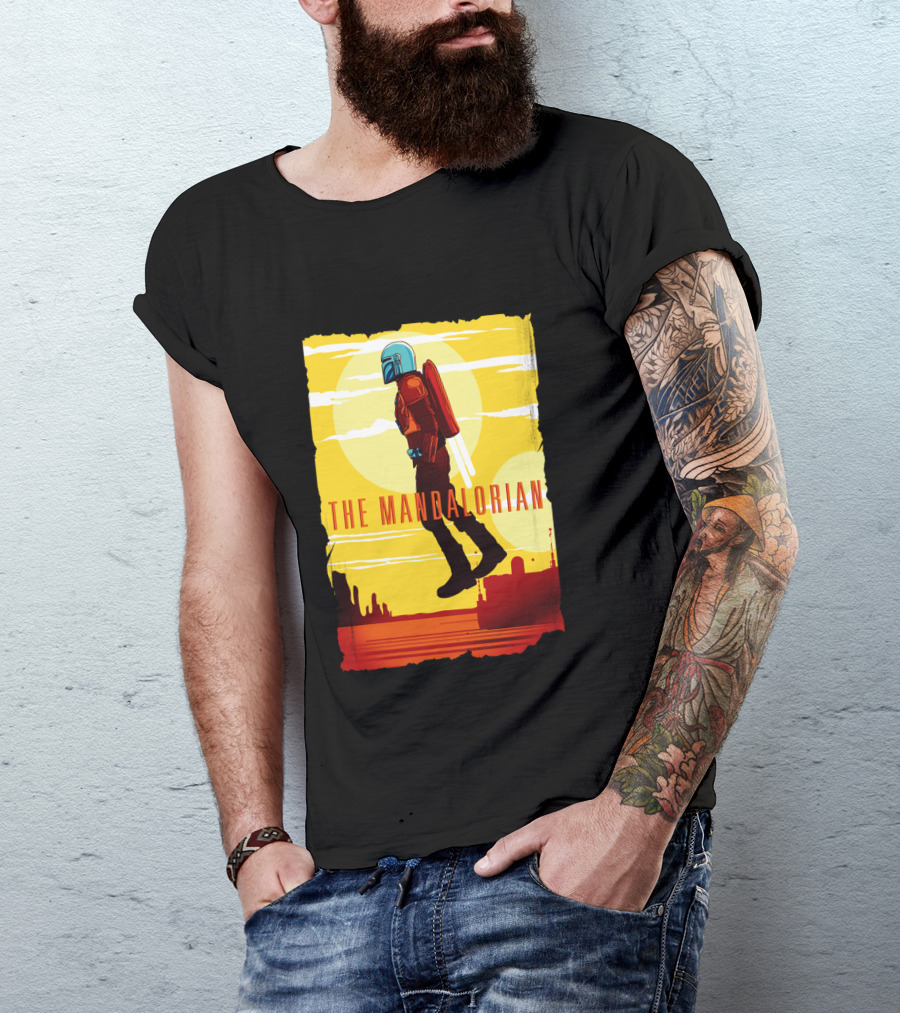 The Mandalorian Jet Pack Floating Scene With Yellow T-Shirt