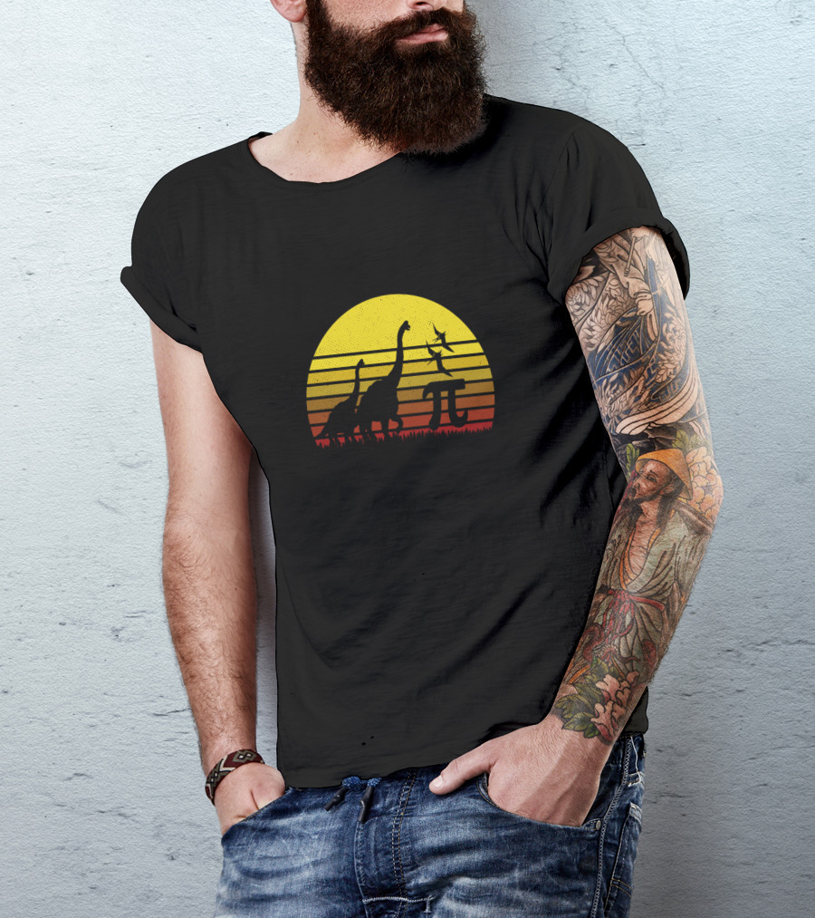 Retro Vintage Dinosaur Pi Day Sunset Scene T-Shirt