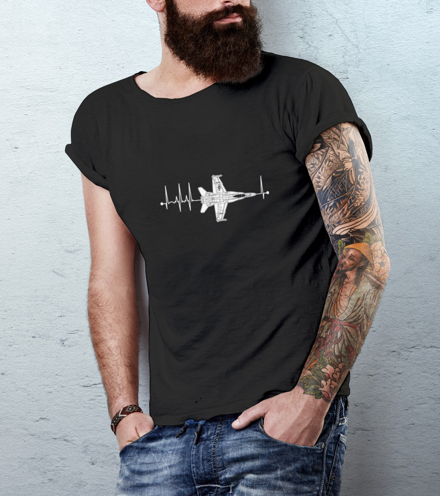 F18 Hornet Schematic Airplane With Heartbeat Pulse T-Shirt