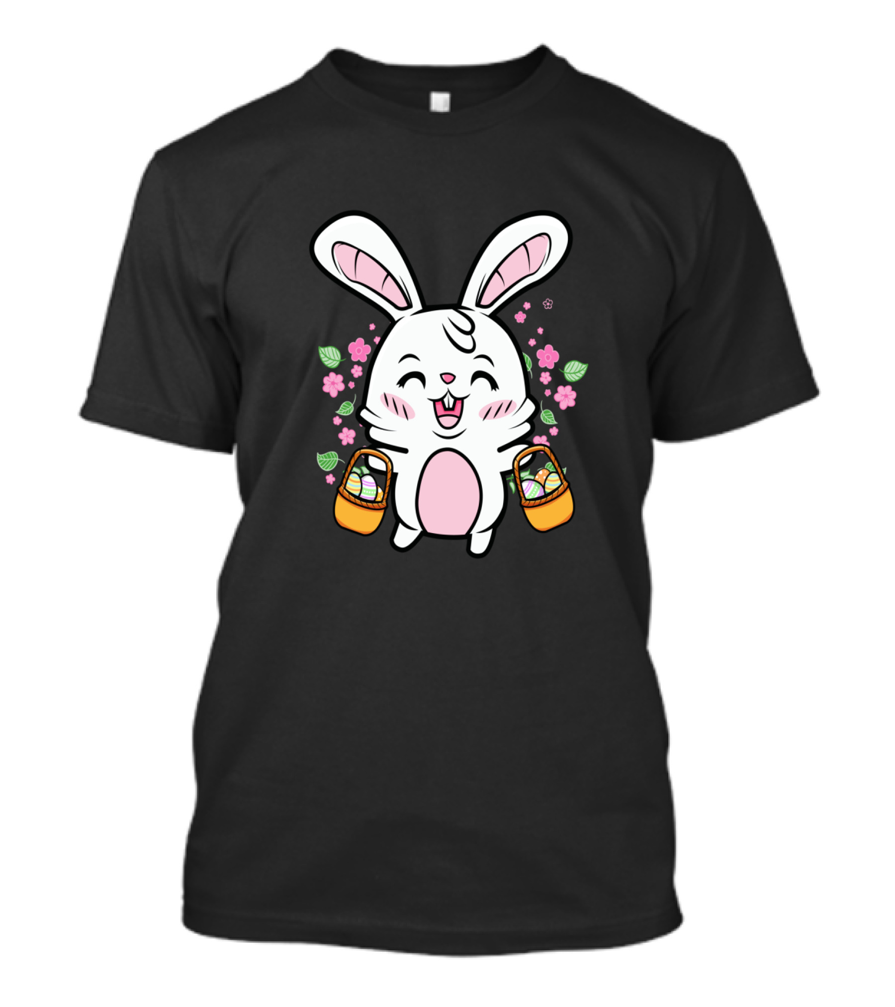 Kids Easter Bunny With Baskets Cute Egg Hunt Colorful Spring Flowers T-Shirt