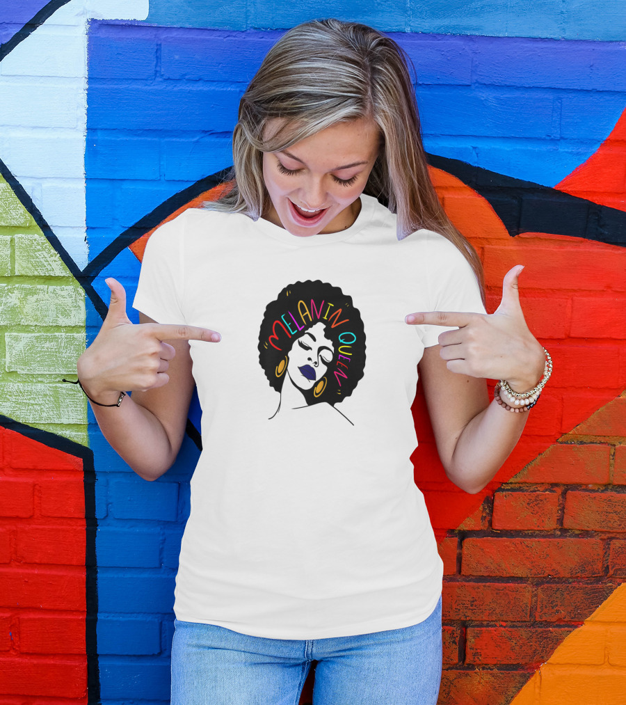 Melanin Queen Afro American Afro Latina Proud Black Woman Raglan Afro Hairstyle Bold Colors Gold Hoop Earrings T-Shirt