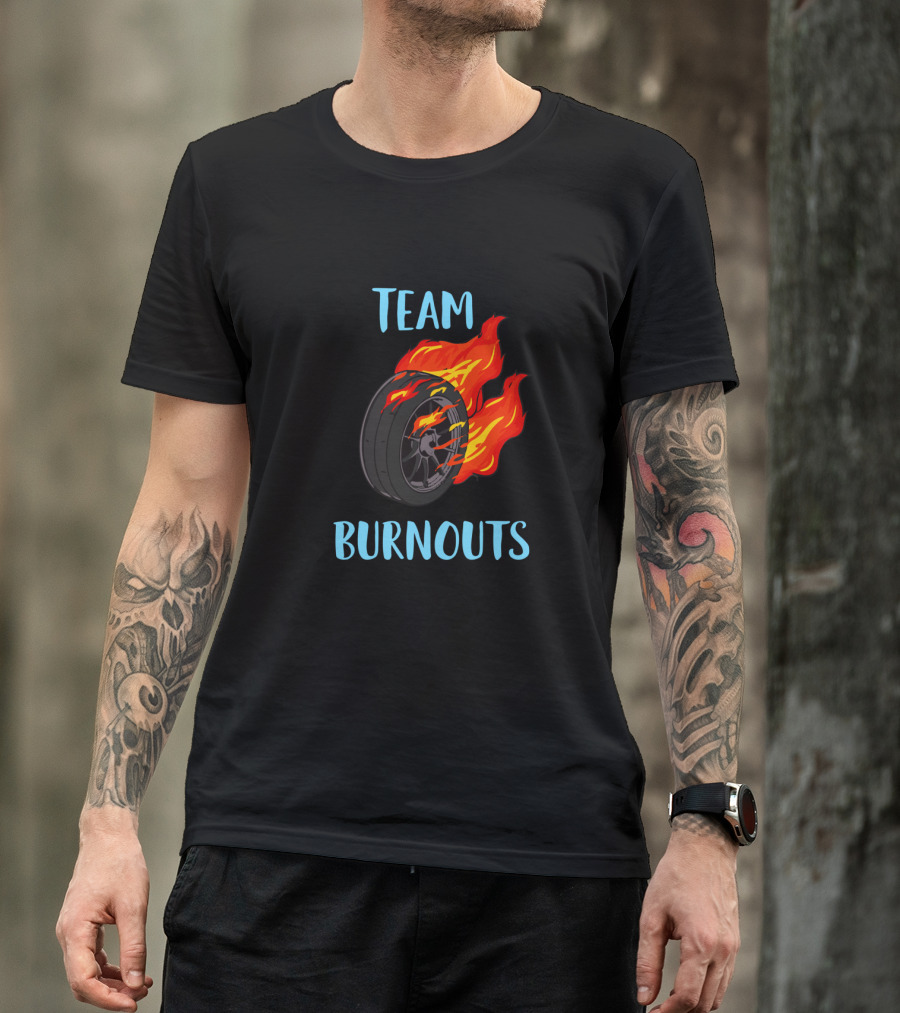 Team Burnouts Gender Reveal Party Idea Baby Boy Reveal Flame Tire T-Shirt