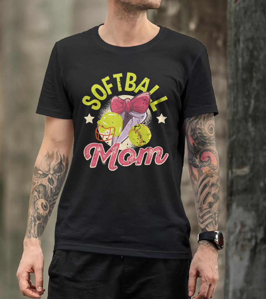 Softball Mom Mother's Day Softball Mama Bow Helmet Ball T-Shirt
