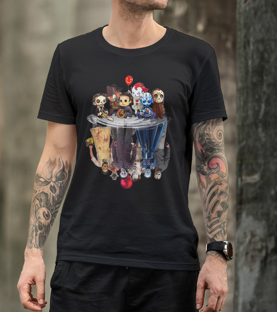 Cute Horror Movie Chibi Character Water Reflection Iconic Figures T-Shirt