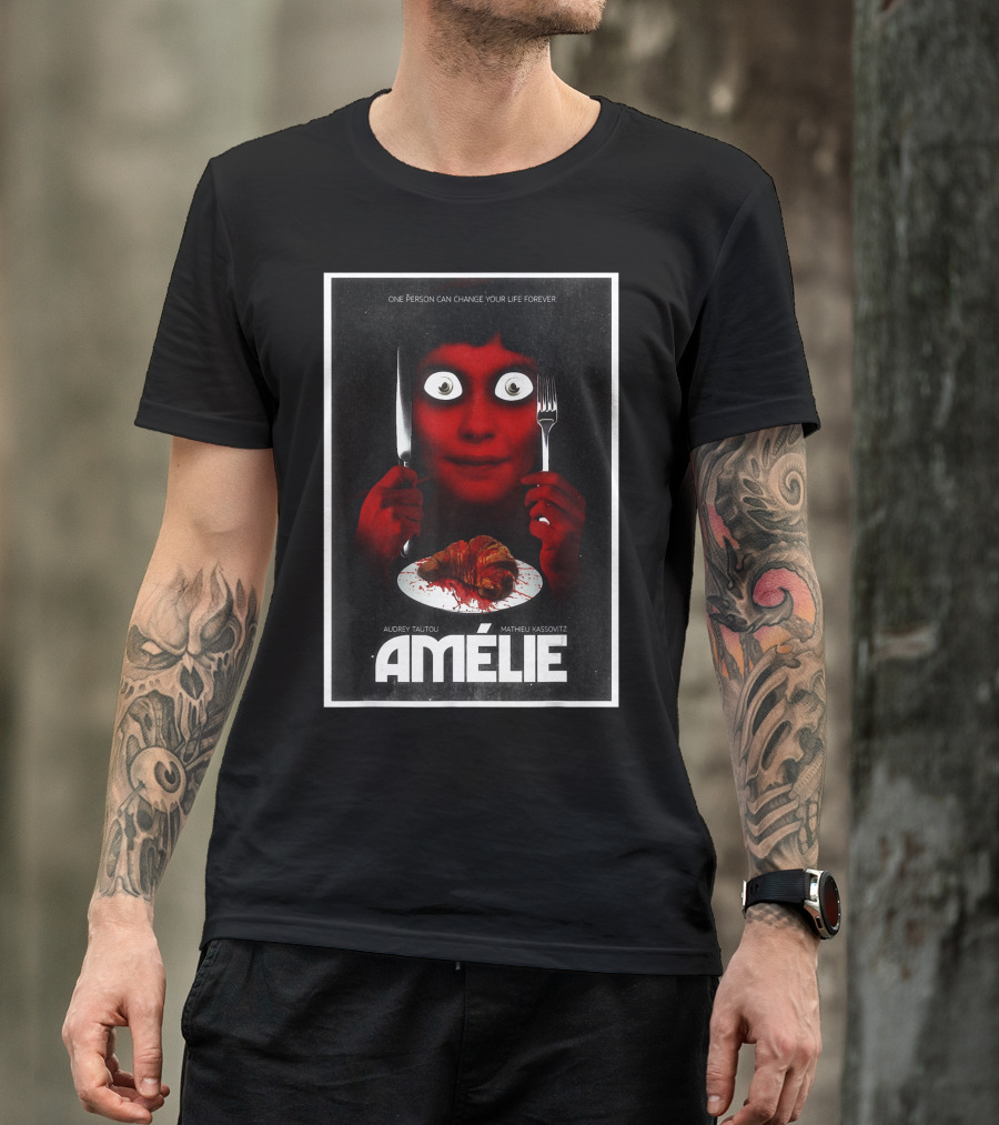 Amélie Horror Parody Audrey Tautou Matthieu Kassovitz Creepy Croissant T-Shirt