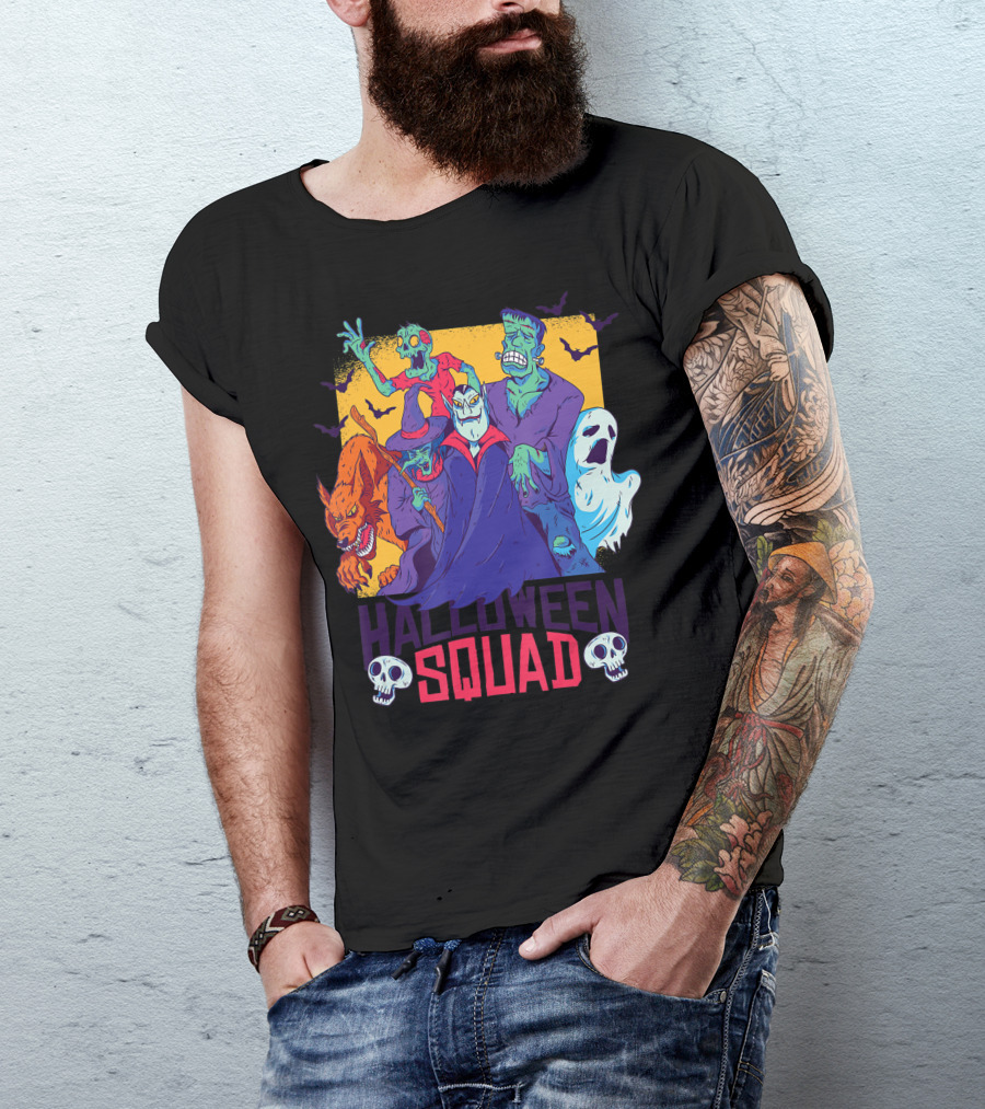 Halloween Squad Funny Horror Characters Vampire Wolf Zombie Ghost Monster T-Shirt