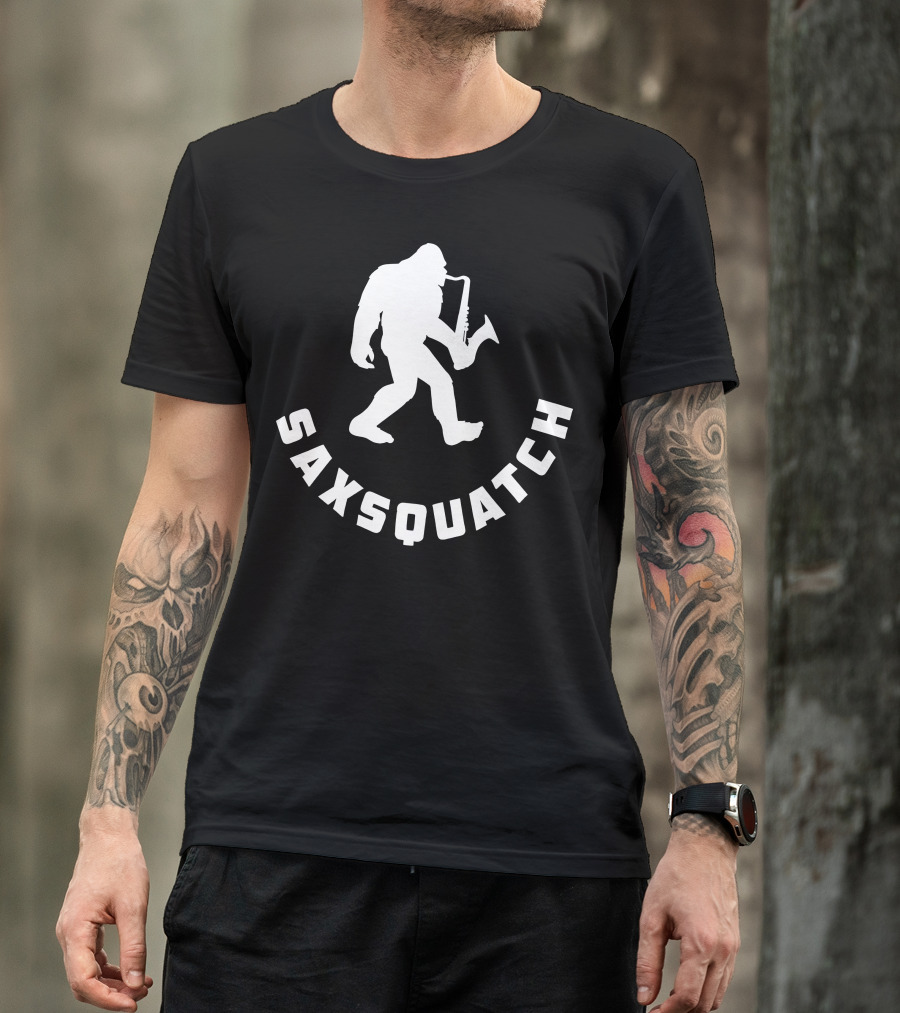Saxsquatch Saxophone Playing Bigfoot Walking T-Shirt
