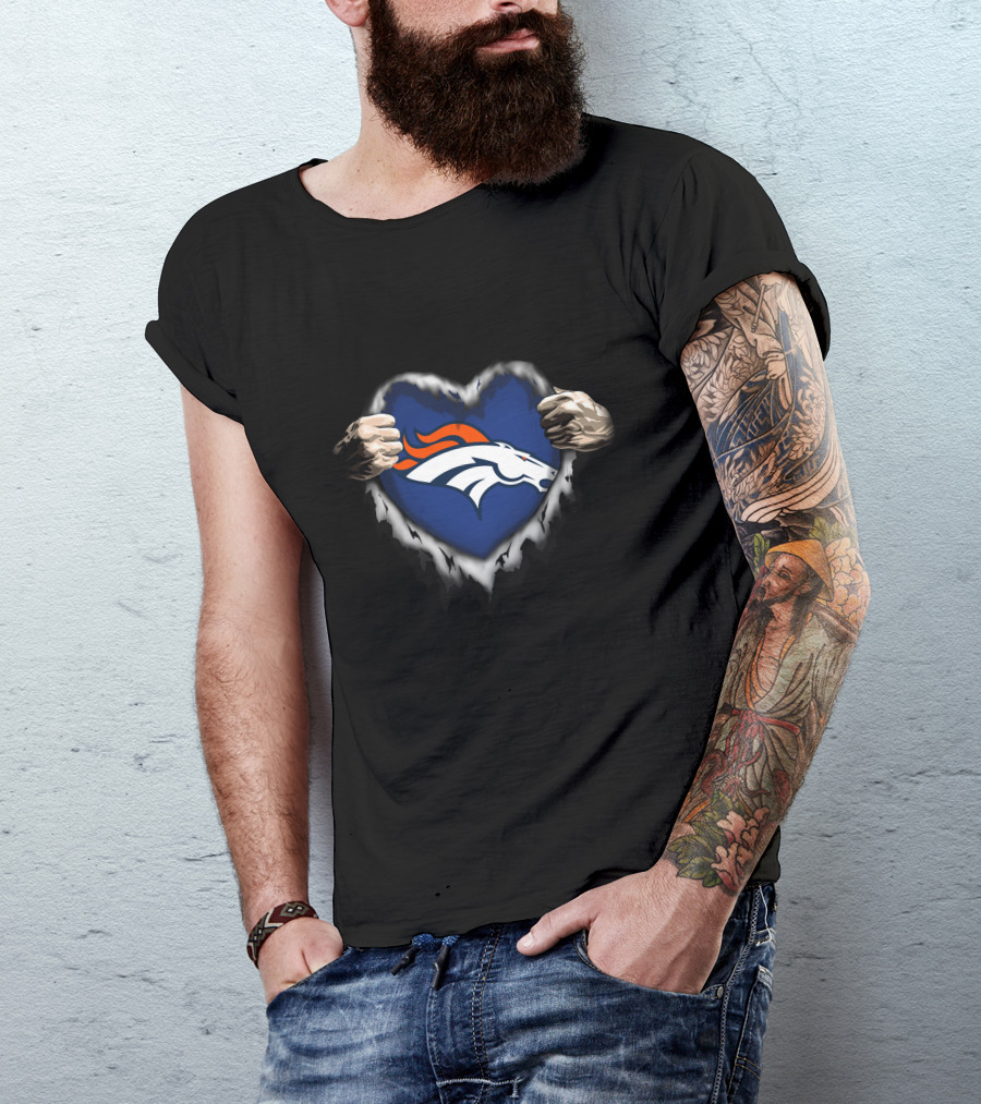 Denver Broncos Heart Rip Logo Hands T-Shirt