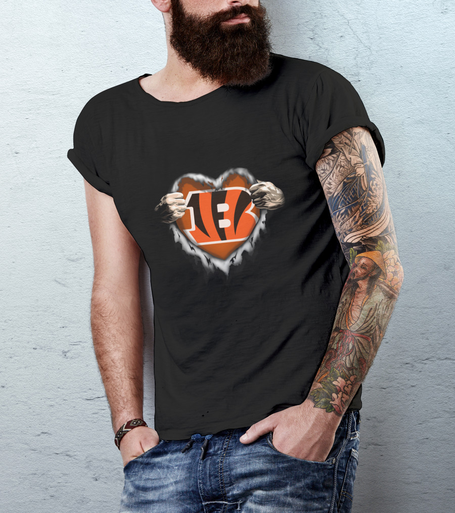 Cincinnati Bengals Ripped Logo Heart T-Shirt