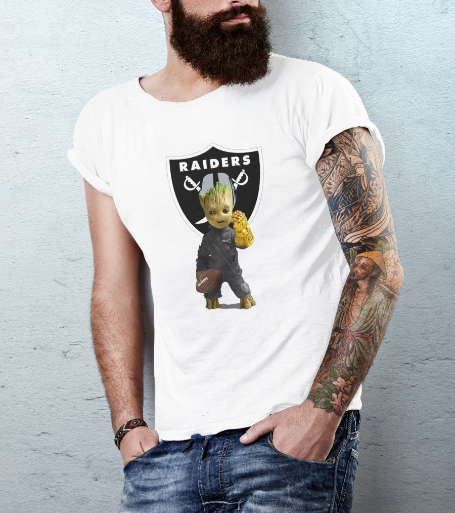 Las Vegas Raiders Groot Holding Football With Gauntlet In Front Of Raiders T-Shirt