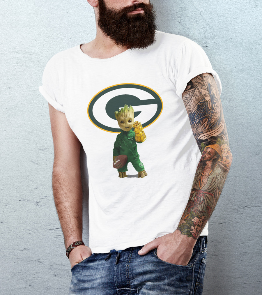 Green Bay Packers Groot Football Holding Infinity Gauntlet T-Shirt