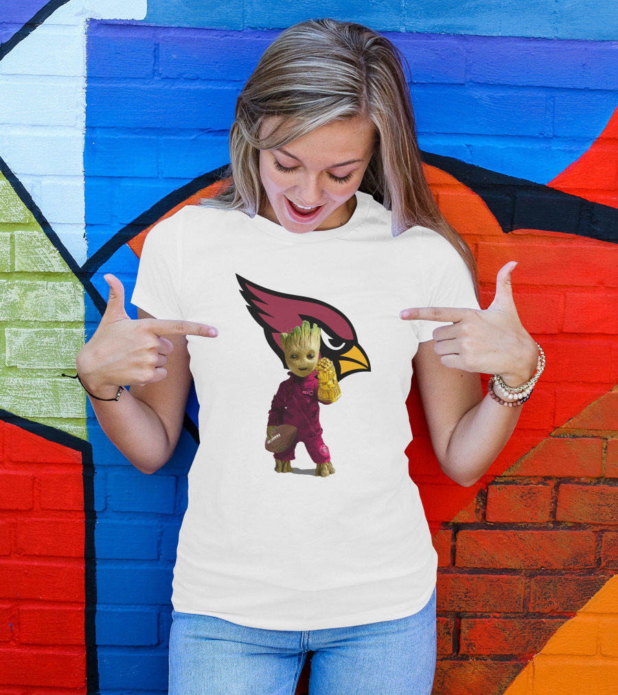 Arizona Cardinals Groot Holding Football And Infinity Gauntlet T-Shirt