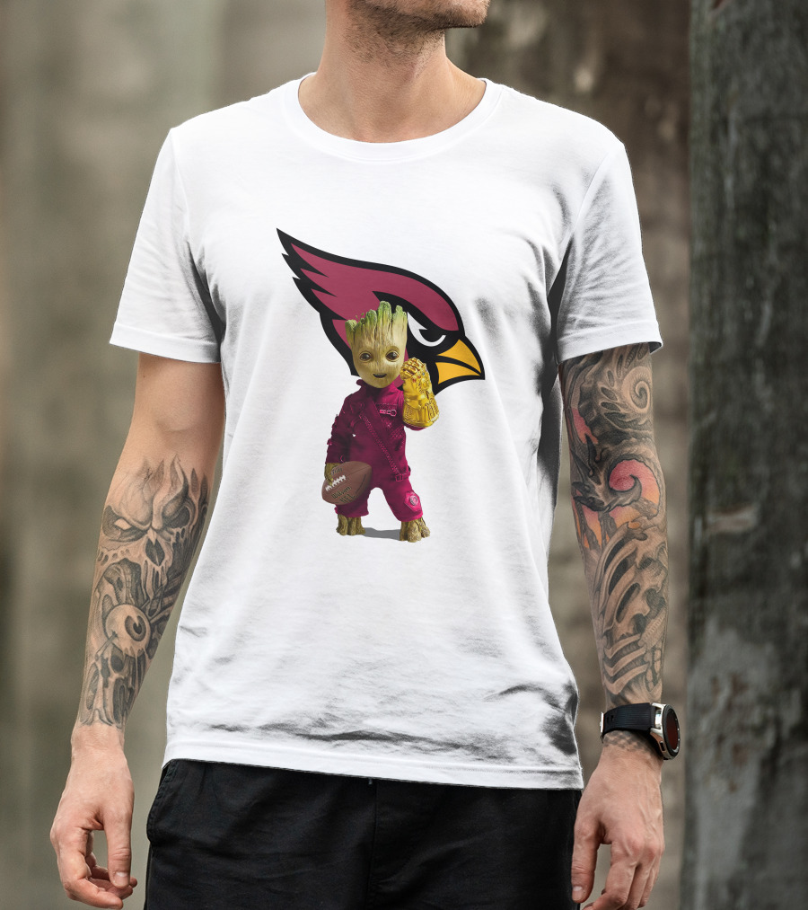 Arizona Cardinals Groot Holding Football And Infinity Gauntlet T-Shirt