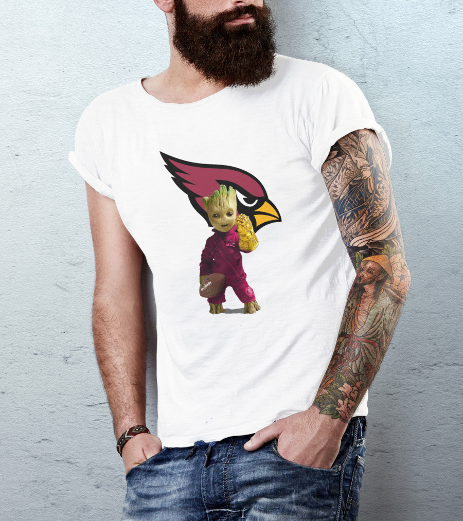Arizona Cardinals Groot Holding Football And Infinity Gauntlet T-Shirt