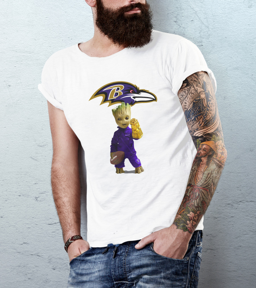 Baltimore Ravens Groot Holding Football And Infinity Gauntlet T-Shirt