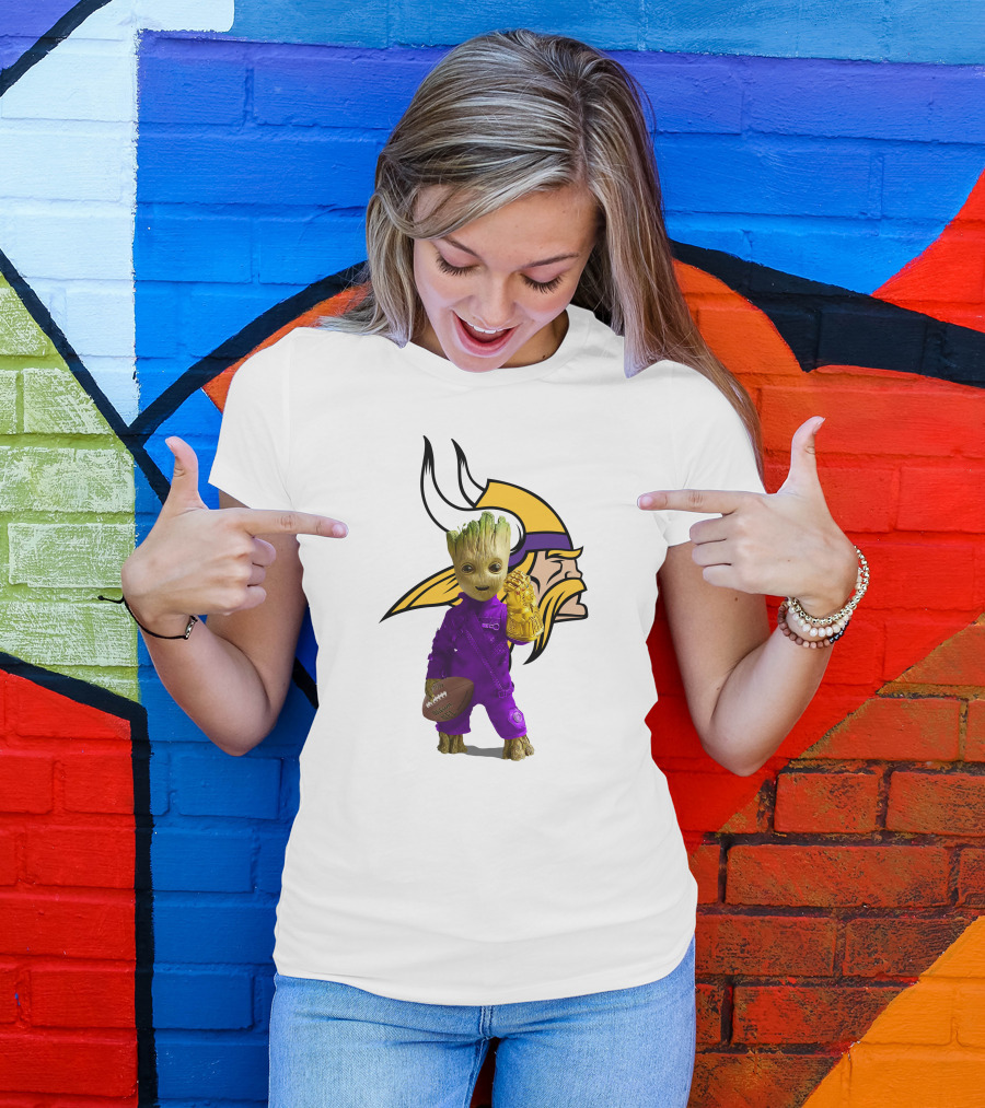 Minnesota Vikings Groot Holding Football And Infinity Gauntlet T-Shirt