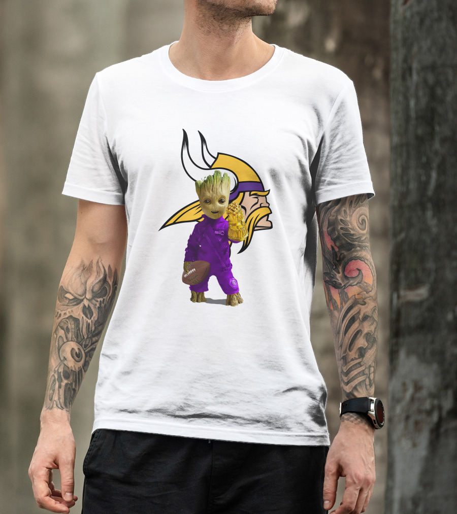 Minnesota Vikings Groot Holding Football And Infinity Gauntlet T-Shirt