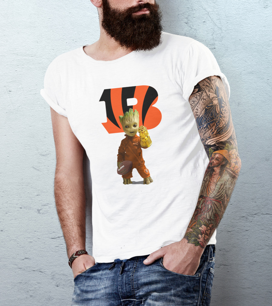 Cincinnati Bengals Groot Holding Football With Infinity Gauntlet T-Shirt