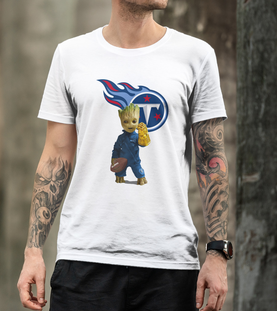 Groot Holding Football Tennessee Titans Logo Infinity Gauntlet T-Shirt