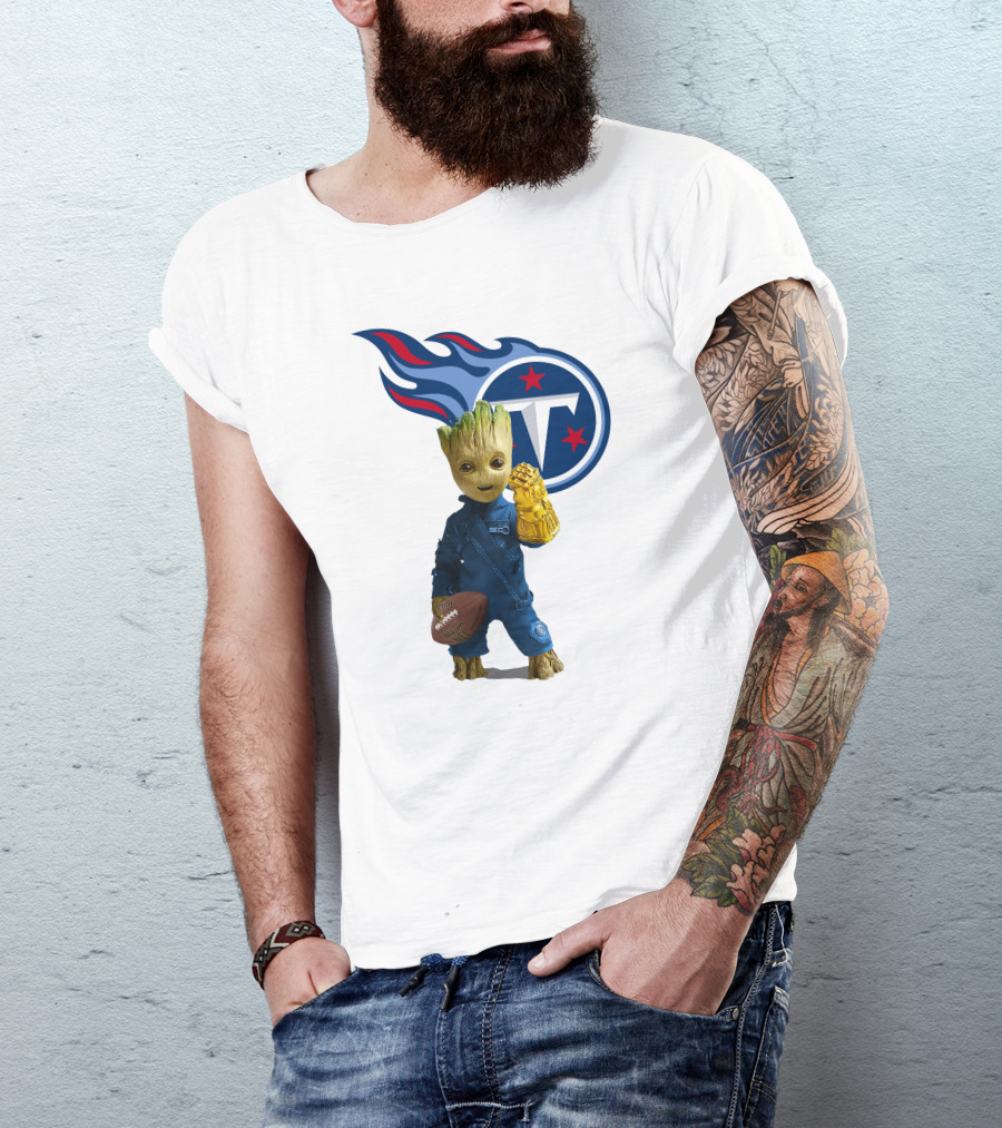 Groot Holding Football Tennessee Titans Logo Infinity Gauntlet T-Shirt